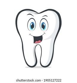 Smiling cartoon tooth. Healthy tooth with smiling face. Cartoon emoticon face with a smiling expression. Oral dental hygiene. Funny emoticon mascot icon. Vector illustration