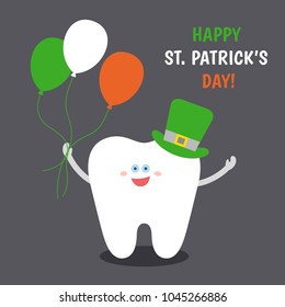 Smiling cartoon tooth in Saint Patrick's green hat with balloons colors of the Irish flag. Happy St. Patrick's Day! Greeting card from dentistry. Dental congratulations.