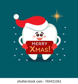 Smiling cartoon tooth in Santa hat with plate. Merry Christmas! Greeting card from dentistry.