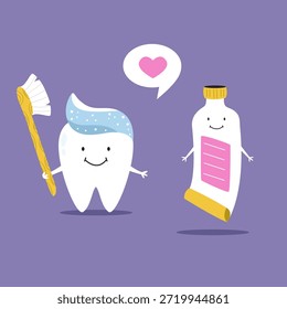 Dientes sonrientes de la historieta y caracteres de la pasta de dientes con el corazón para promover la estomatología del Profesional y la higiene oral.