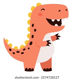 Smiling Cartoon T-Rex Vector Illustration in Orange with Yellow Spines. Playful and Fun Dinosaur.