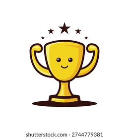 Smiling Cartoon Trophy with Stars and Flexed Arms.
