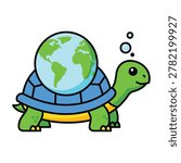 A smiling cartoon turtle carrying the Earth globe on its back with thought bubbles