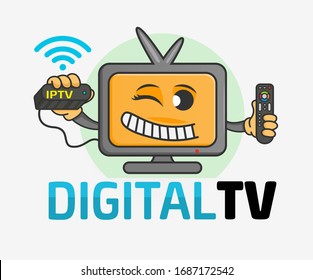 Smiling cartoon TV or computer monitor with happy face holding a remote control and TV set-top box. Digital TV logo Template. TV company. Creative media television logotype.