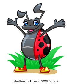 Smiling cartoon vector ladybug on green grass background.