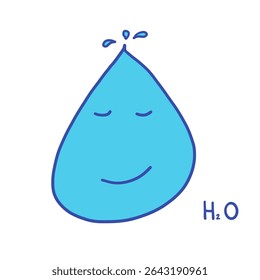 Smiling cartoon water droplet character winking, splashing liquid droplets, displaying h2o molecular formula beside playful illustration