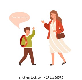 Smiling Cartoon Well Mannered Boy Greeting Adult Woman Vector Flat Illustration. Cartoon Schooler Guy Waving Hand To Wish Good Morning Isolated On White. Child Demonstrate Respectful Manners