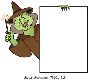 A smiling cartoon witch with a magic wand is holding a blank sign with room for copy