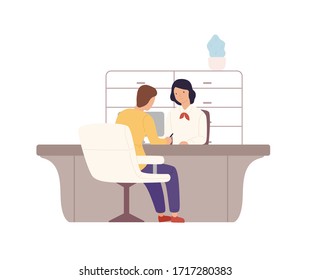 Smiling cartoon woman bank worker and man customer signing documents at office vector flat illustration. Colorful female providing services to male client isolated on white. People at payment office