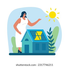 Smiling cartoon woman charges her house with solar panels. Usage of renewable sources of energy. Natural resource conservation. Clean sustainable electricity. Vector
