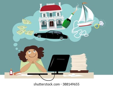 Smiling cartoon woman dreaming about money and expensive things, EPS 8 vector illustration