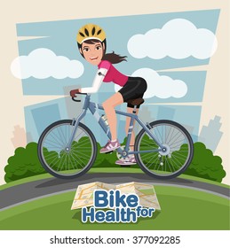  Smiling cartoon woman riding on a bike with park background . sport and exercise