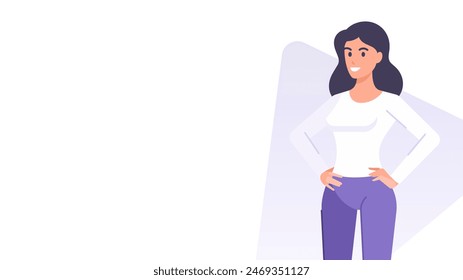 Smiling cartoon woman standing business banner design template vector flat illustration. Modern young female character advertising poster with copy space for commercial presentation