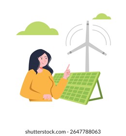 Smiling cartoon woman in yellow shirt gesturing at a green solar panel and wind turbine, set against a white background with soft green clouds, ideal for eco-friendly or renewable energy concepts.