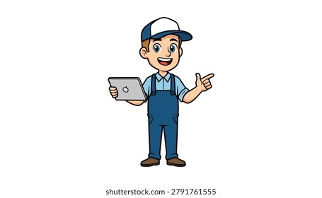 Smiling cartoon worker holding tablet pointing