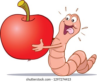 Smiling cartoon worm and apple - Vector