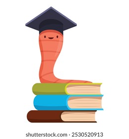 Smiling cartoon worm wearing a graduation hat is sitting on a stack of books