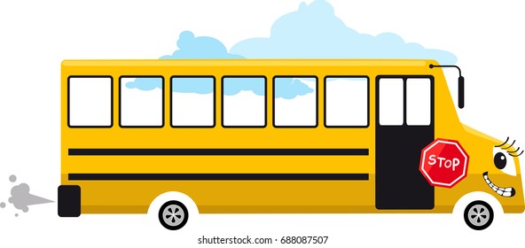 Smiling cartoon yellow school bus with a stop sign, EPS 8 vector illustration, no transparencies 