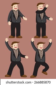 Smiling cartoon young man wearing brown shirt, black jacket and trousers in poses and gestures that suggest joy and excitement. Vector character illustration isolated on plain brown background.