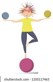 Smiling cartoon young woman do exercises with the balls illustration. Funny young woman with multicolor hair standing on the ball and doing exercises with the balls in both hands isolated on white