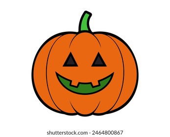 Smiling carved pumpkin character. Friendly cartoon jack-o-lantern.  Illustration isolated on white background. Concept of Halloween, kid-friendly decor, festive spirit