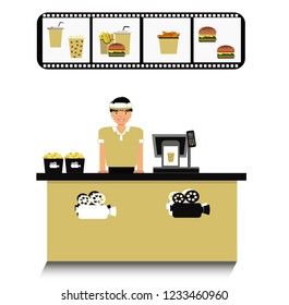 Smiling cashier standing in cinema fast food cafe meals. Fries, burger, beverage, popcorn. Cinema bar concept. Flat style illustration.