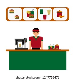 Smiling cashier standing in fast food cafe meals. Fries, burger, beverage. Fast food restaurant worker. Flat style illustration. 