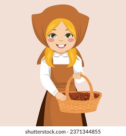 Smiling castanyera girl with a basket full of chestnuts ready to celebrate All Saints Day holiday celebration vector illustration