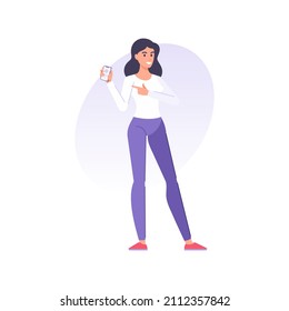 Smiling casual business woman pointing forefinger advertising application mobile phone online service screen vector flat illustration. Happy young female with smartphone website display isolated