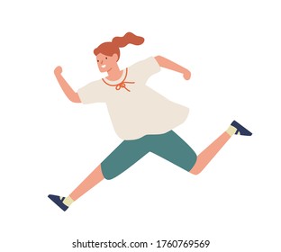 Smiling casual girl running fast vector flat illustration. Happy young teenage female hurry or haste isolated on white background. Funny cartoon character enjoying run having positive emotion