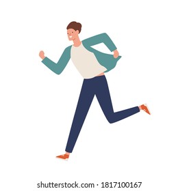 Smiling casual man running away vector flat illustration. Happy young guy hustle or hurry isolated on white background. Funny active male moving fast. Excited person move in rush