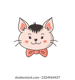 Lächelnde Katze mit Schleife. Hübsches, fröhliches Kätzchen-Portrait mit Haaren und Erröten. Tierkopf im Cartoon-Stil. Vektorgrafik
