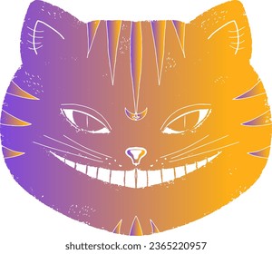 Smiling cat, Cheshire cat, muzzle. Gradient, graphics, linocut, texture. Vector element.