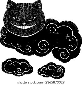 Smiling cat in the clouds, Cheshire cat face. Graphic arts. Vector texture element.