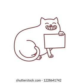 Smiling cat with copy space blank placard showing in paw presentation concept message illustration vector isolated on white