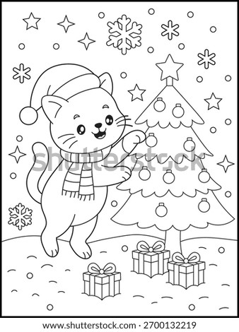 Smiling Cat Decorating Christmas Tree with Gifts and Snowflakes. Festive Holiday Coloring Page Printable for Kids. Fun Winter Coloring Sheet for Children