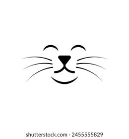 Smiling cat face with closed eyes. Separate cat nose, mouth and a long mustache. Isolated vector silhouette on white background.