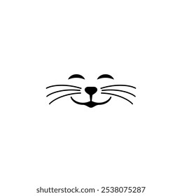 Smiling cat face with closed eyes. Separate cat nose, mouth and a long mustache. Isolated vector silhouette on white background.