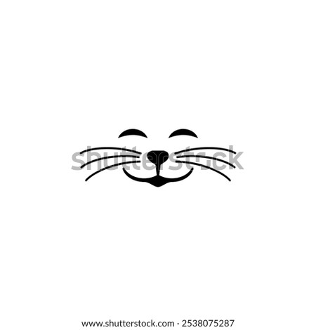 Smiling cat face with closed eyes. Separate cat nose, mouth and a long mustache. Isolated vector silhouette on white background.