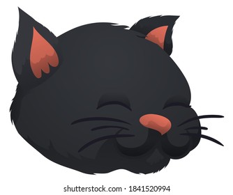 Smiling cat face with dark fur and closed eyes, isolated over white background.