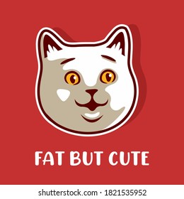 Smiling Cat Face, Fat But Cute Vector Illustration - Vector