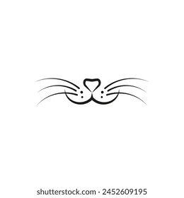 Smiling cat face. Only a cat nose, mouth and a long mustache. Isolated vector silhouette on white background.