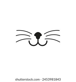 Smiling cat face. Only a cat nose, mouth and a long mustache. Isolated vector silhouette on white background.