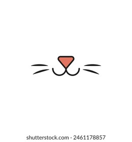 Smiling cat face. Only a cat nose, mouth and a long mustache. Isolated vector illustration on white background.