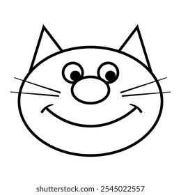 Smiling Cat Face Outline. This is a simple black and white line drawing of a cat's face. The cat has triangular ears that point upwards and six long whiskers, three on each side.