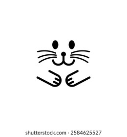 Smiling cat face with whiskers and paws. Minimalist vector illustration.