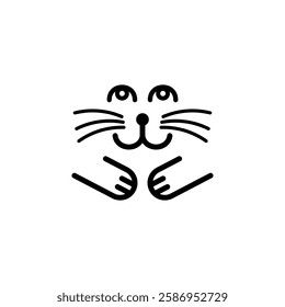 Smiling cat face with whiskers and paws. Minimalist vector illustration.