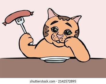Smiling cat with fork with sausage
