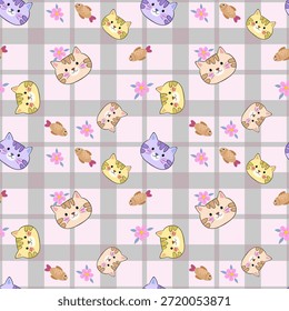 Cabezas de gato sonrientes en diferentes colores con un patrón transparente de fondo a cuadros rosa y gris suave para textiles, Fondos de pantalla o envoltura de regalos.