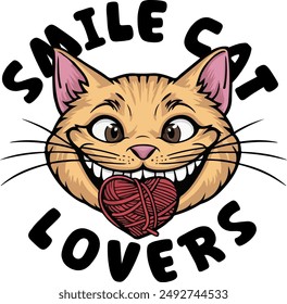 A smiling cat with a heart in its mouth. The cat is smiling and has a tongue sticking out. The text around the cat says "Smile Cat Lovers"